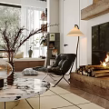 Modern Living Room Interior With Fireplace Leather Chair Marble Coffee Table And Floor Lamp