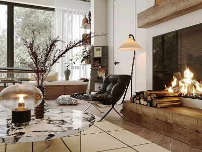 Modern Living Room Interior With Fireplace Leather Chair Marble Coffee Table And Floor Lamp 3d model