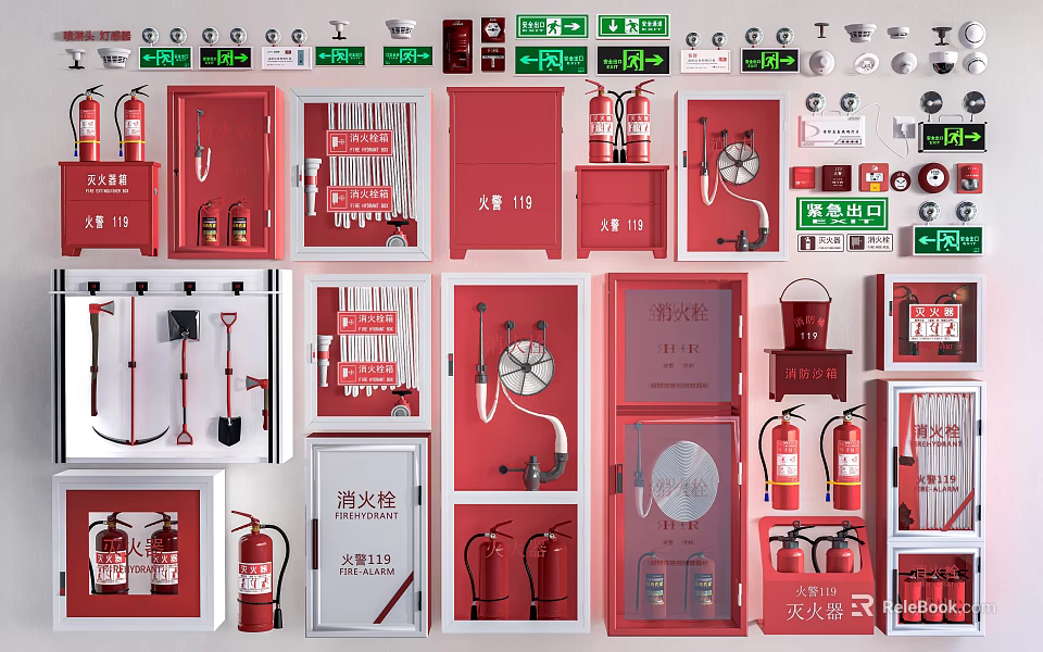 Comprehensive Fire Equipment Collection With Extinguishers Hydrants Cabinets Hoses Axes Buckets and Signs 3d model 