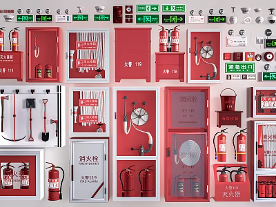 Comprehensive Fire Equipment Collection With Extinguishers Hydrants Cabinets Hoses Axes Buckets and Signs 3d model