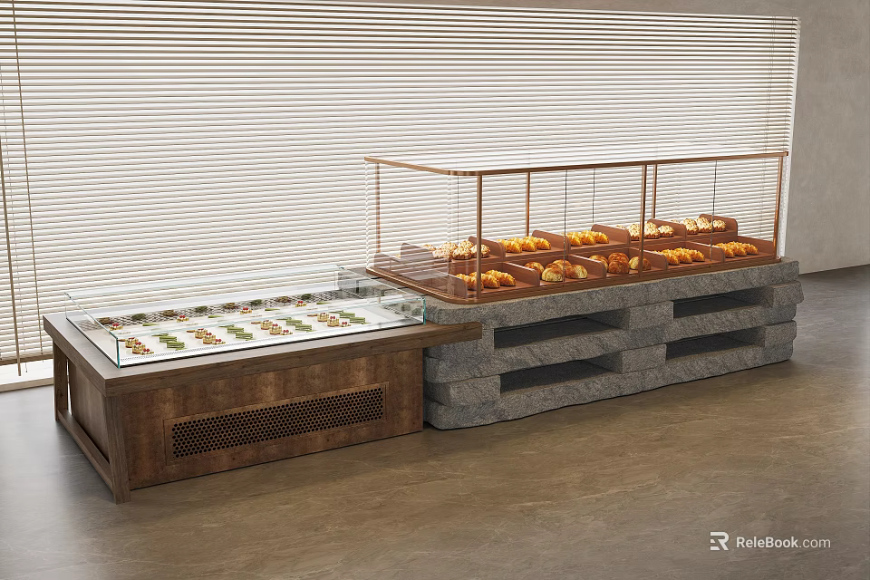 Bakery Display Shelves With Glass Showcase And Fresh Bread Pastries On Wooden Stone Base 3d model 