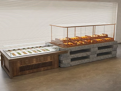 Bakery Display Shelves With Glass Showcase And Fresh Bread Pastries On Wooden Stone Base 3d model