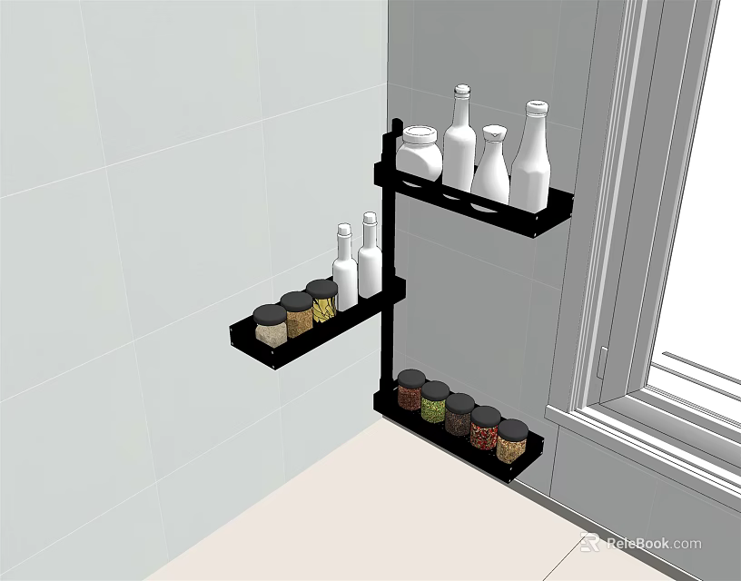 Black Multi Tier Wall Mounted Kitchen Shelf for Spices and Bottles 3d model 