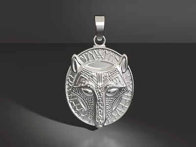 Silver Wolf Head Design Pendant With Intricate Details And Round Shape 3d model