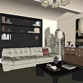 Modern Living Room Interior With White Sofa Red Cushion Black Bookshelf Chandelier And Wooden Cabinet