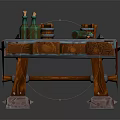 Rustic Wooden Table With Red Tablecloth Green Bottles Metal Accents And Carved Legs