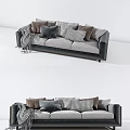 Gray Three Seater Sofa With Checkered Cushions Throw Blanket And Dark Armrests 3d model