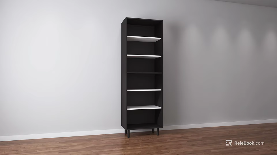 Black Storage Shelf Unit with White Shelves in Room with White Wall and Wooden Floor 3d model 