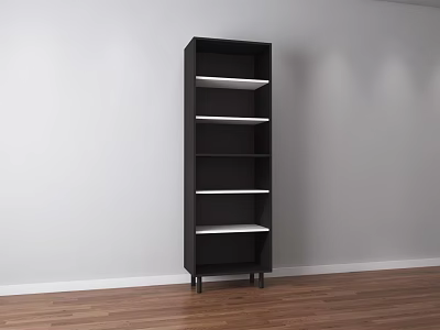 Black Storage Shelf Unit with White Shelves in Room with White Wall and Wooden Floor 3d model