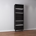 Black Storage Shelf Unit with White Shelves in Room with White Wall and Wooden Floor