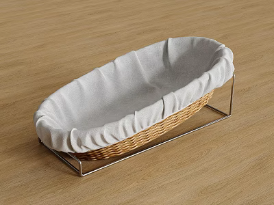 Sweet Shop Wicker Basket Display With Metal Stand Gray Cloth Liner On Wooden Surface 3d model