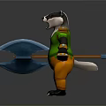 Anthropomorphic Badger Game Character Wearing Green Shirt Orange Pants Holding Blue Shovel