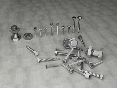 Variety Of Metal Bolts Nuts And Mechanical Fasteners On Gray Floor 3d model