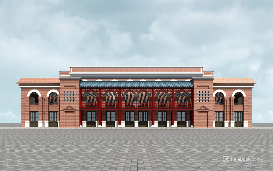 Red Brick Museum Building With Symmetrical Design And Spacious Front Square 3d model