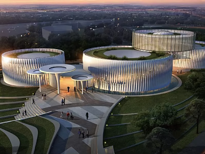 Modern Circular Architecture With Green Roof And Public Walkway Area 3d model