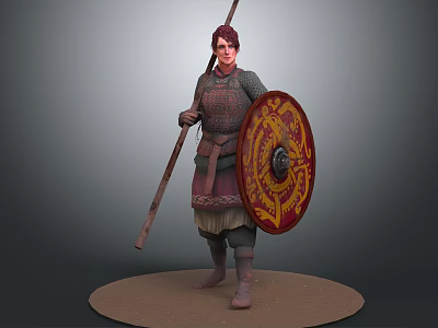 Warrior Character In Traditional Armor Holding Spear And Decorative Shield Standing Pose 3d model