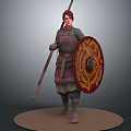 Warrior Character In Traditional Armor Holding Spear And Decorative Shield Standing Pose