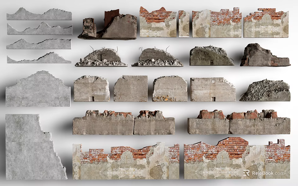 Weathered Broken Wall Textures With Brick Concrete And Stone Design Elements 3d model