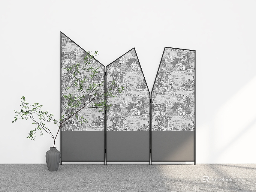 Decorative Screen With Pattern And Potted Plant In Minimalist Space 3d model 