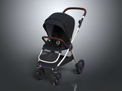 Modern Black Baby Stroller With Brown Handle White Frame And Smooth Wheels 3d model