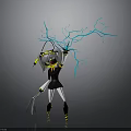 3D Character In Black White Outfit With Yellow Accents And Blue Lightning Energy Holding Weapon