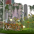 Decorative Garden Display Model With Green Plants Pink Flower Tree And White Railings 3d model