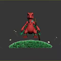 Red Cartoon Dinosaur Standing On Green Grass With Small Yellow Flowers And Falling Petals