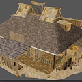 Traditional Wooden Building With Thatch Roof Veranda Wooden Steps And Barrels