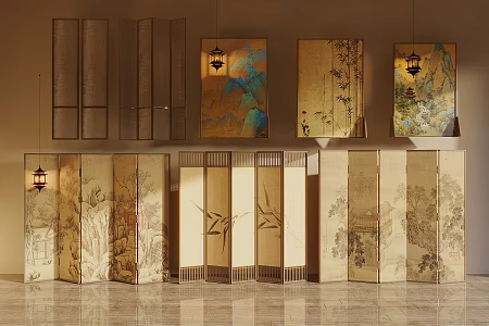 Song Style New Medium Screen Partition Wooden Screen Wire-drawing Glass 3d model