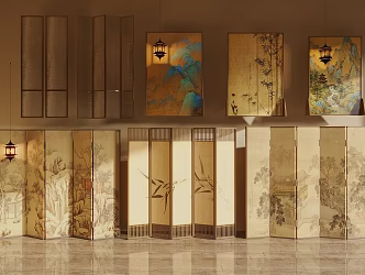 Song Style New Medium Screen Partition Wooden Screen Wire-drawing Glass 3d model