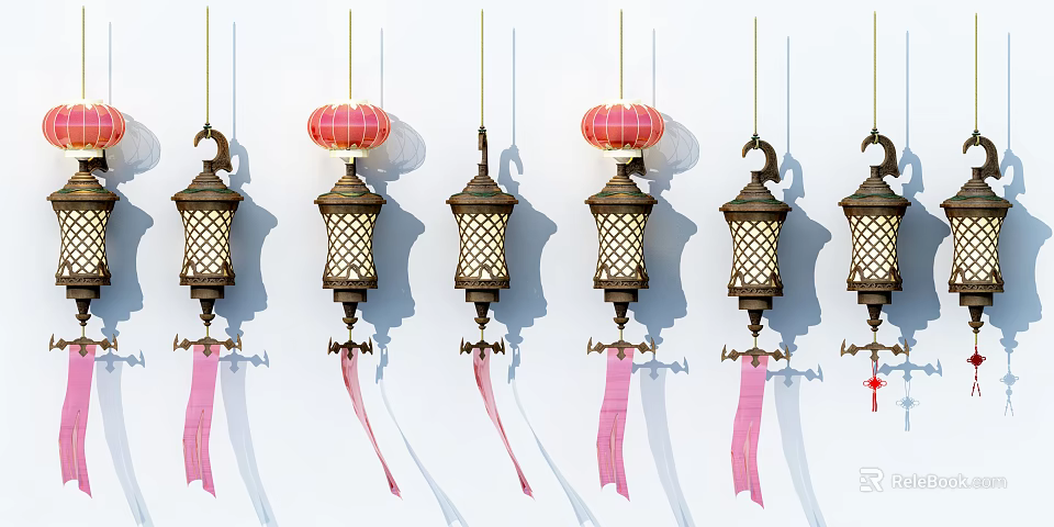 Traditional Chinese Lanterns Hanging With Brass Frame And Pink Tassels 3d model 