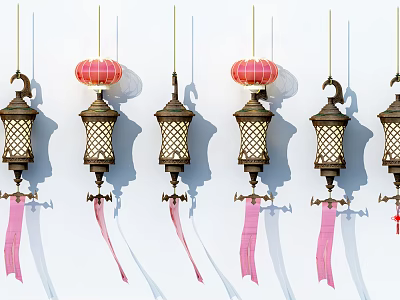 Traditional Chinese Lanterns Hanging With Brass Frame And Pink Tassels 3d model