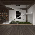 Cozy Hotel Public Lounge Area With Wooden Bookshelves Hanging Green Plants And Staircase