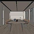 Modern Conference Room With Long Table Chairs Large Windows Blinds And Wooden Flooring