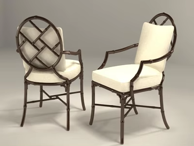 Set of Two Classic Rattan Armchairs With White Cushions And Crossed Back Design 3d model