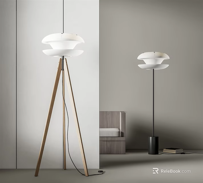 Modern Floor Lamp with Wooden Tripod Base and White Multi Layered Shade in Minimalist Interior 3d model 