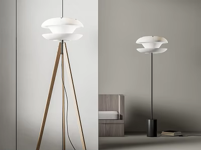 Modern Floor Lamp with Wooden Tripod Base and White Multi Layered Shade in Minimalist Interior 3d model
