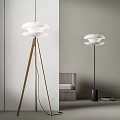 Modern Floor Lamp with Wooden Tripod Base and White Multi Layered Shade in Minimalist Interior