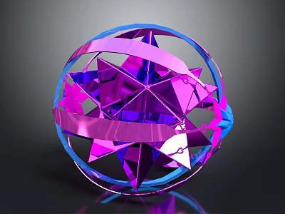 Purple Blue Geometric Sphere With Metallic Strips Polygonal Reflective 3D Structure 3d model