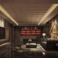 Luxury Clubhouse Interior With Elevators Golden Accents Marble Flooring And Dark Walls