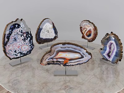 Colorful Agate Slice Decorative Ornament Set With Metal Stands On Marble Tabletop 3d model