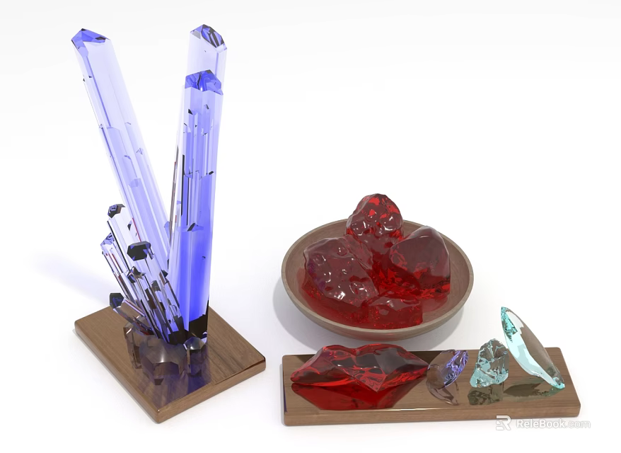 Elegant Crystal Decorative Display Featuring Blue Red Crystals On Wooden Bases 3d model 