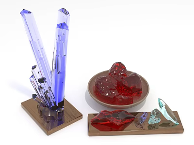 Elegant Crystal Decorative Display Featuring Blue Red Crystals On Wooden Bases 3d model