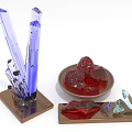 Elegant Crystal Decorative Display Featuring Blue Red Crystals On Wooden Bases