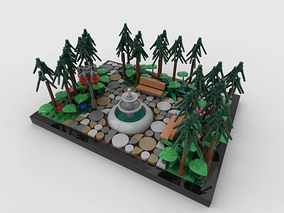 Creative Lego Block Garden Scene With Fountain Trees And Benches 3d model