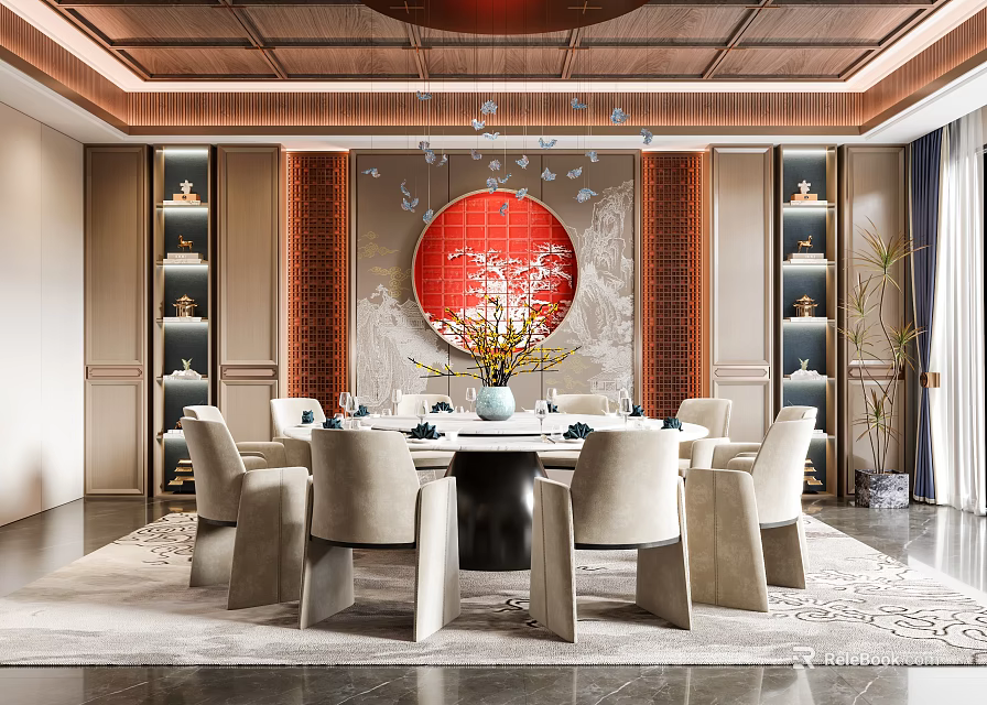 Elegant Private Dining Room Interior With Red Circular Decor And Wooden Ceiling 3d model 