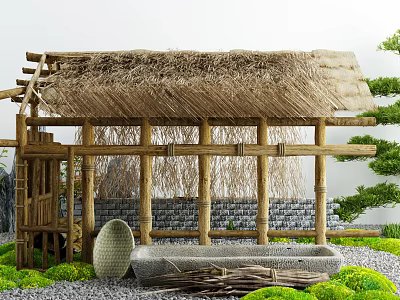 Traditional Thatched Roof Garden Pavilion With Bamboo Structure And Green Plants 3d model