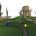 Charming Garden Tree Houses Connected by Rope Bridges With Winding Paths and Colorful Balls