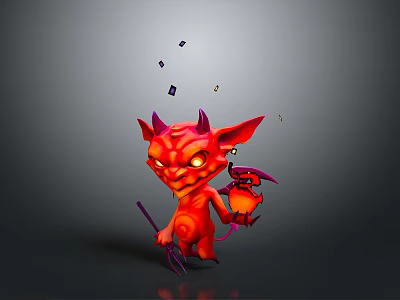 Red Imp Game Movie Character With Horns Large Ears Holding Pitchfork Lantern And Floating Cubes 3d model