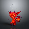Red Imp Game Movie Character With Horns Large Ears Holding Pitchfork Lantern And Floating Cubes